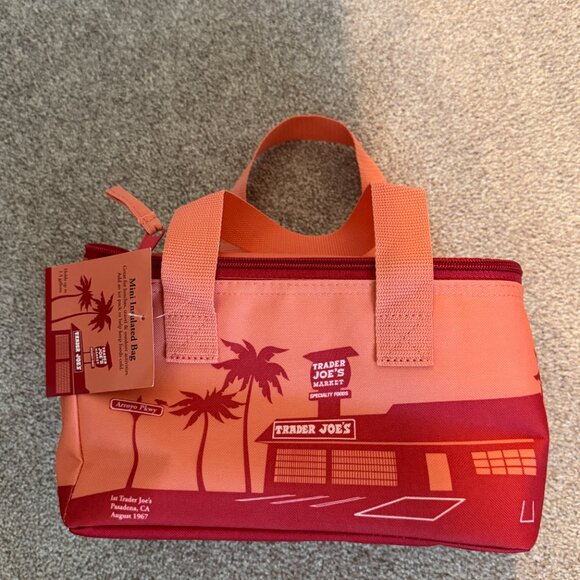 NWT Trader Joes Mini Insulated Bag Blue Peach Reusable Small Cooler Tote - Picture 1 of 4